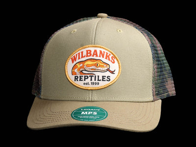 Wilbanks Reptiles Mid-Pro Snapback Trucker Hat – Khaki/Sage/Camo Mesh