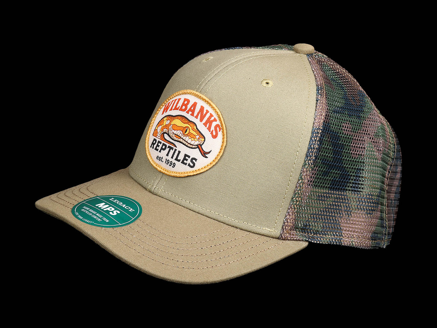 Wilbanks Reptiles Mid-Pro Snapback Trucker Hat – Khaki/Sage/Camo Mesh