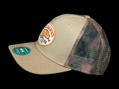 Wilbanks Reptiles Mid-Pro Snapback Trucker Hat – Khaki/Sage/Camo Mesh